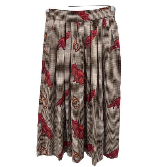 Herman Geist Vintage Pleated Midi Skirt Houndstooth Fox Hunting Womens Size 8 - Picture 1 of 7